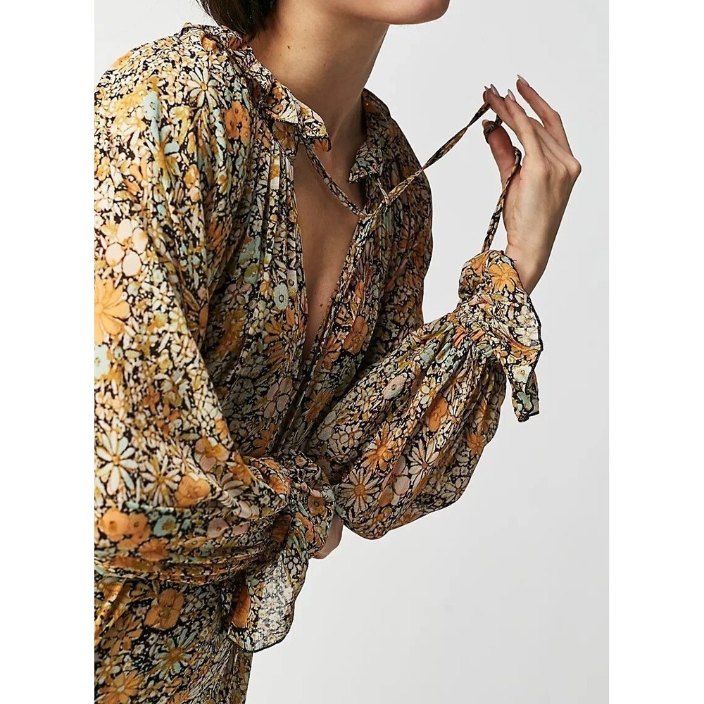Free People Feeling Groovy Maxi Dress Yellow Floral Sheer Tiered LS Size Medium - Picture 9 of 16